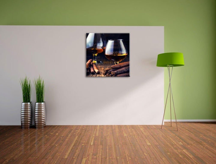 Pixxprint Whisky mit Zigarre als Leinwandbild/Grösse: 70x70 cm/Wandbild/Kunstdruck/fertig bespannt,