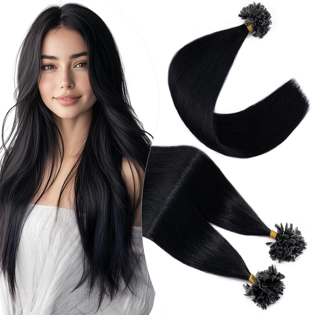 Elailite U-Tip Echthaar Bonding Extensions Keratin Haarverlängerung Haar Glatt #1 Schwarz 100 Strähn
