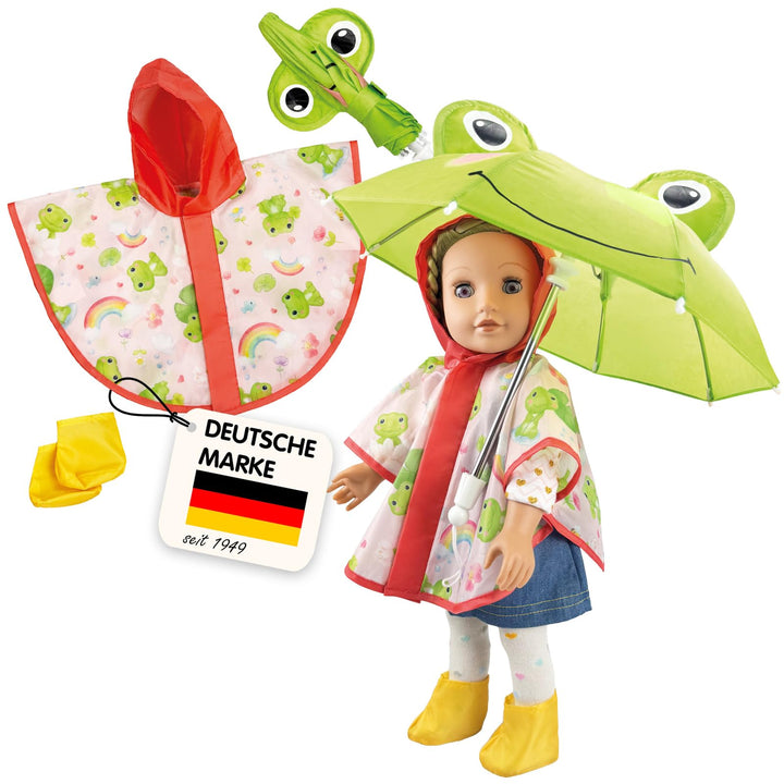 Heless 6721 Puppen-Regen-Set Froschi Carlo mit Regenschirm, Regencape und Stiefelchen, für Puppen de