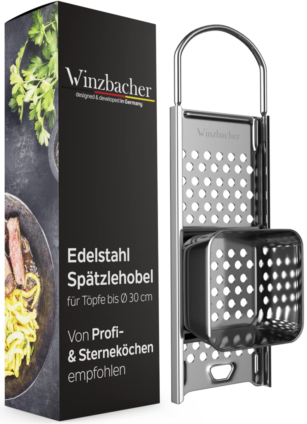 Winzbacher Edelstahl Spätzlehobel mit Teigschlitten [Topf Ø von 16-30cm] Spülmaschinenfest | Rostfre