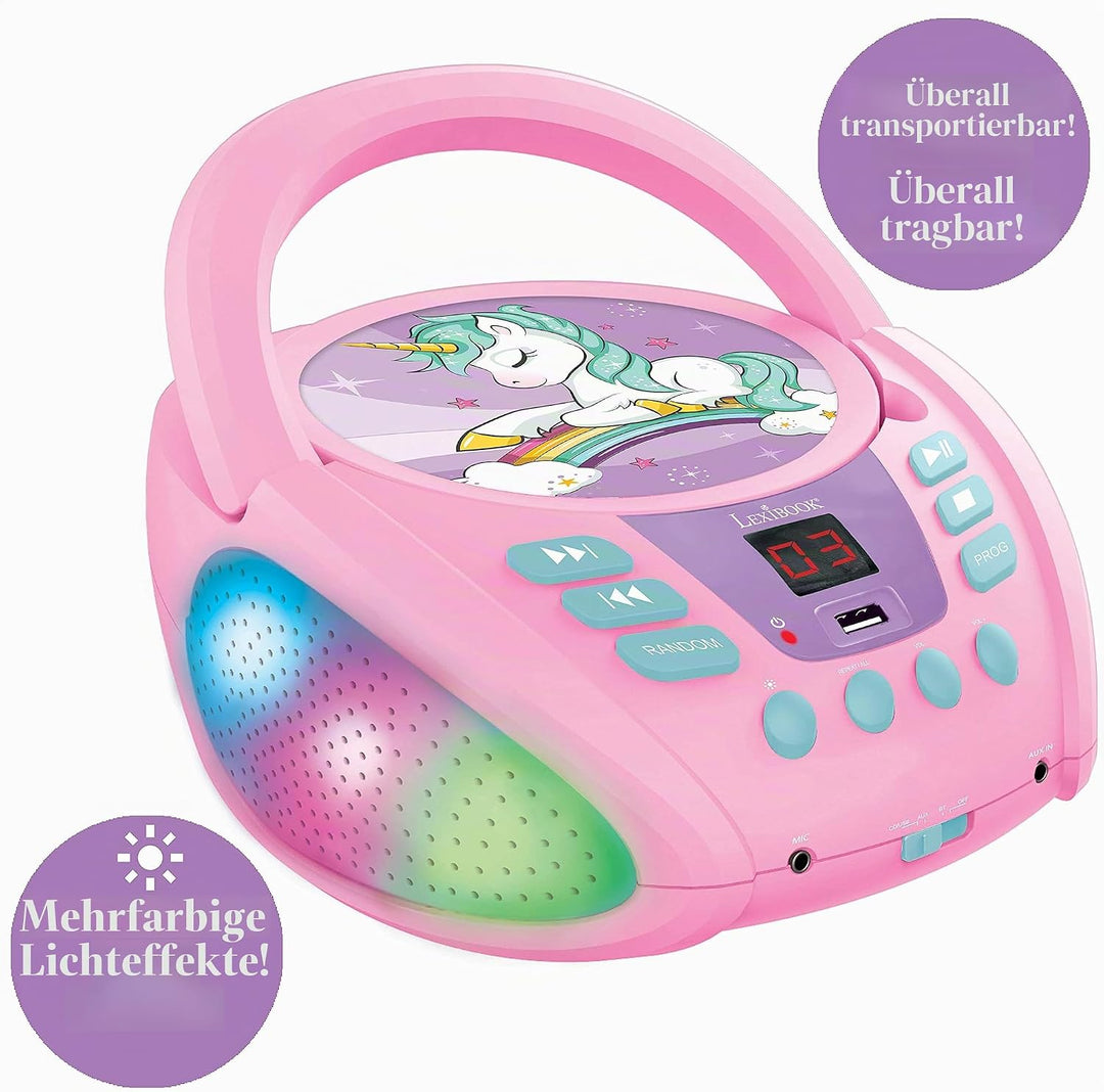 Lexibook RCD109UNI Einhorn-Bluetooth-CD-Player für Kinder-Tragbar, Lichteffekte, Mikrofonbuchse, Aux