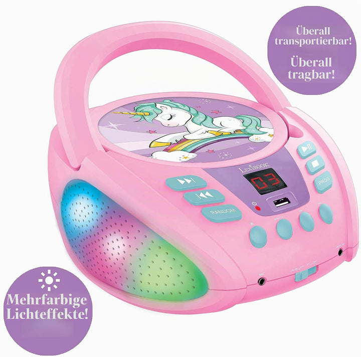 Lexibook RCD109UNI Einhorn-Bluetooth-CD-Player für Kinder-Tragbar, Lichteffekte, Mikrofonbuchse, Aux