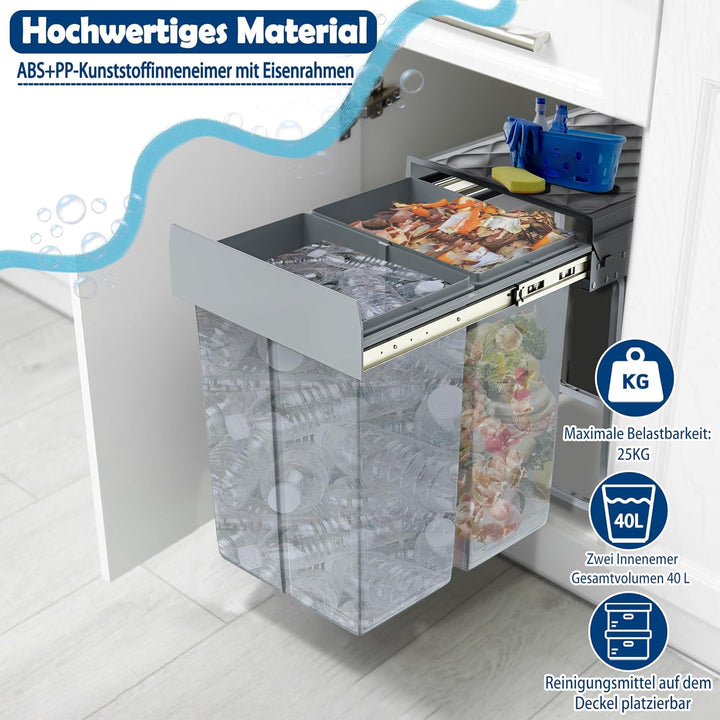 Grau 2 x 20L Einbaumülleimer Mülltrennsystem Ausziehbar Mehrfachbehälter Abfallsammler Schrankmüllei