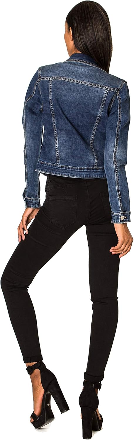 Nina Carter S338 Damen Jeansjacke Übergangsjacke Leichte Waschungseffekt Jacke Blau Denim Casual, Du