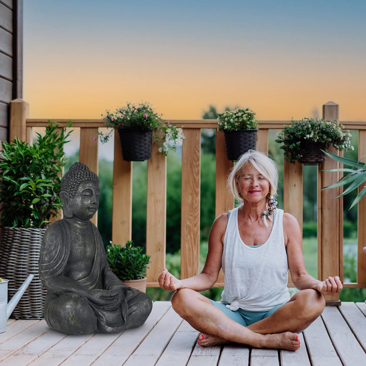 Relaxdays Buddha Figur sitzend, XL 70 cm, Gartenfigur, Vintage Dekofigur Wohnzimmer, wetterfest, fro