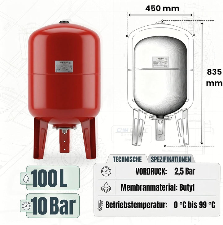 100 L Membrankessel vertikal, Stahltank, Druckkessel max.10 Bar Ausdehungsgefäss