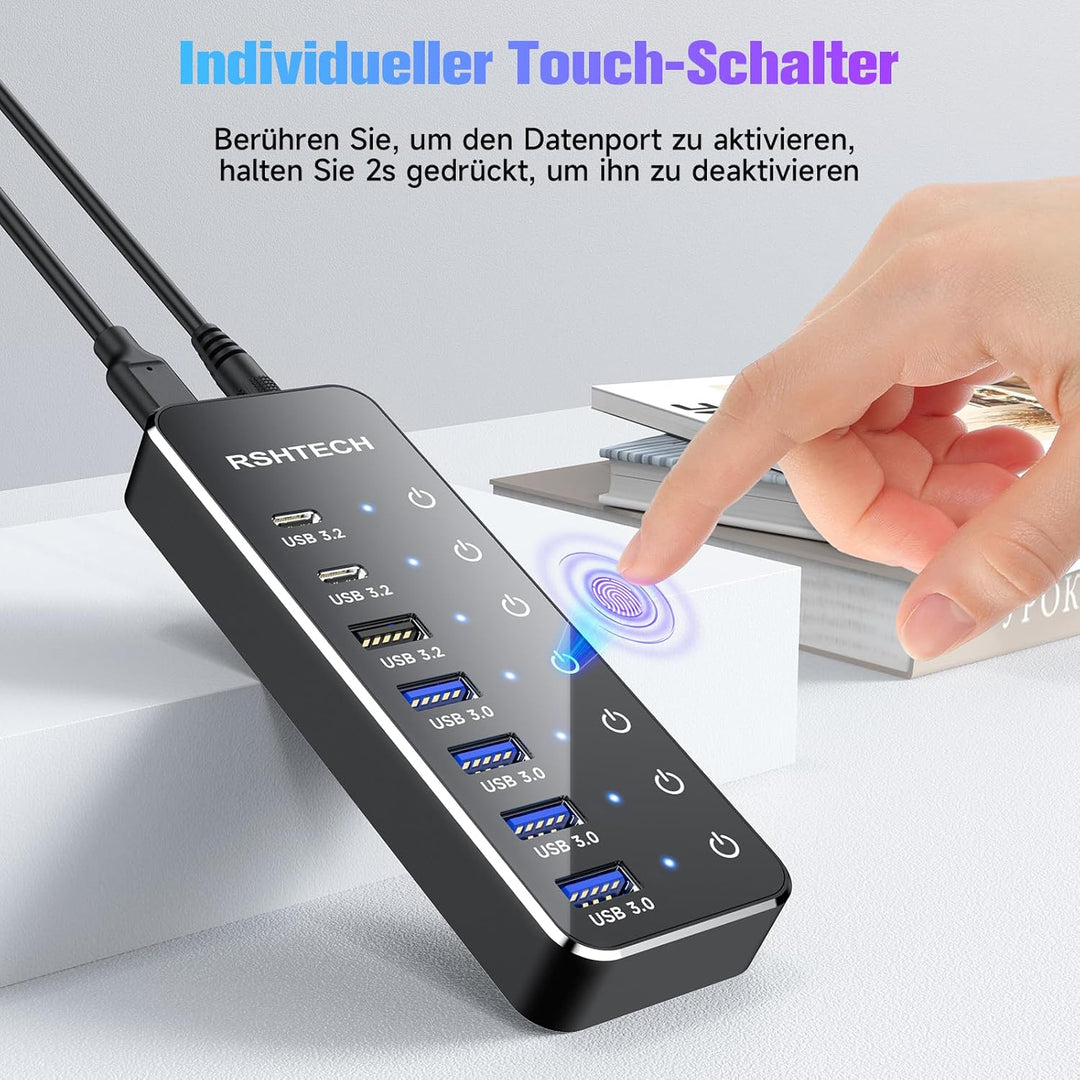 USB C 3.2 Hub Aktiv mit Netzteil, RSHTECH 7 Port USB 3.1 Gen2 Hub mit 3*10Gbps Datenports (Type-A, 2