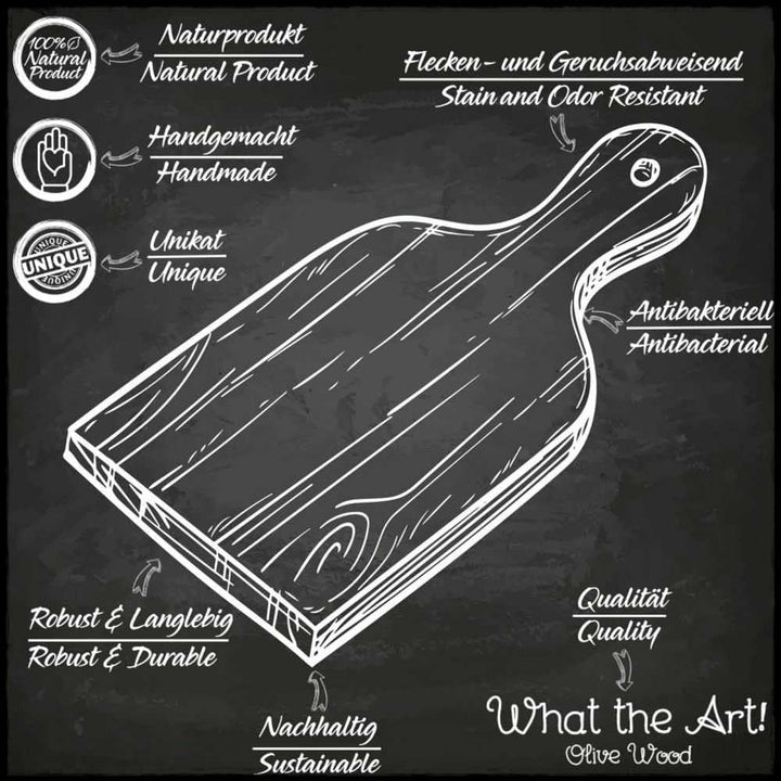 What the Art!® Olive Wood «Half Rustic» Gr. XL | Olivenholz Schneidebrett + Dip-Schälchen | Handarbe