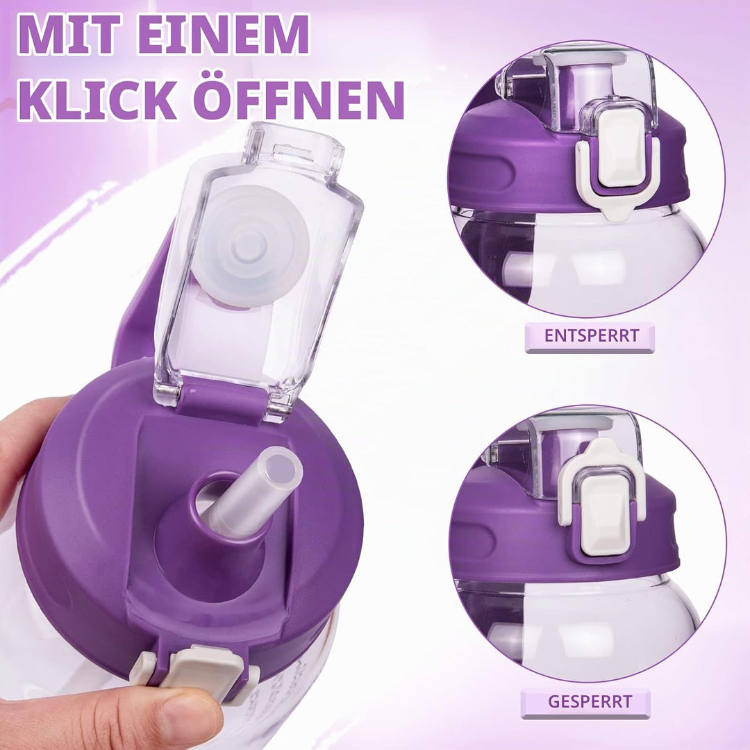 2l Trinkflasche Glas mit Strohhalm &amp; Zeitmarkierung 2 liter Grosse Motivation Glasflasche mit Uhrzei