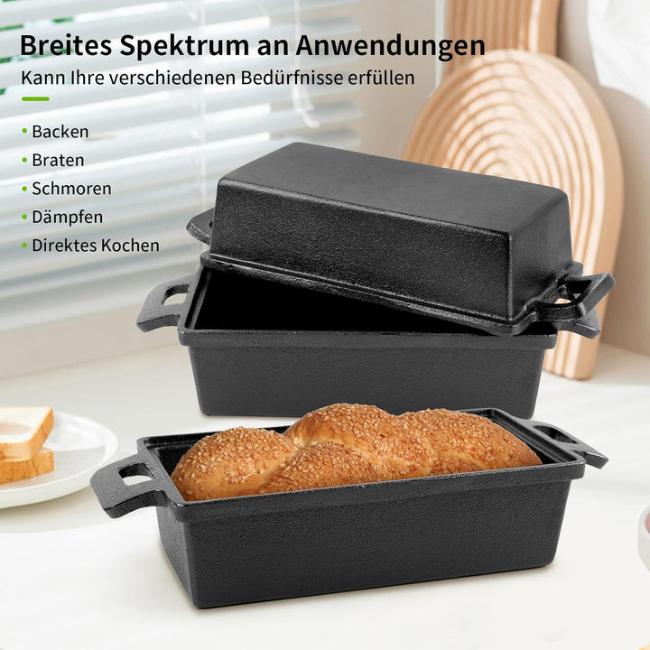 2PC Gusseiserne Brotbackform rechteckig mit Deckel 25cm Doppelohr Ideal für Ofen, Herd, Induktion &