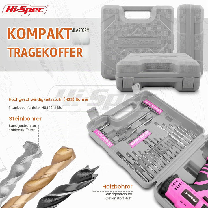 Hi-Spec Akkuschrauber und Bohrmaschinen 50tlg. – 12V Bohrmaschine in Pink Rosa mit gängigen Holz-, M