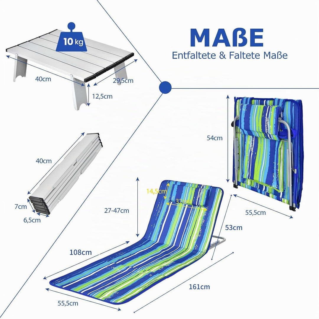 COSTWAY 2er Set Strandmatte mit Beistelltisch, Kopfkissen &amp; Staufach, Liegematte mit Verstellbarer R