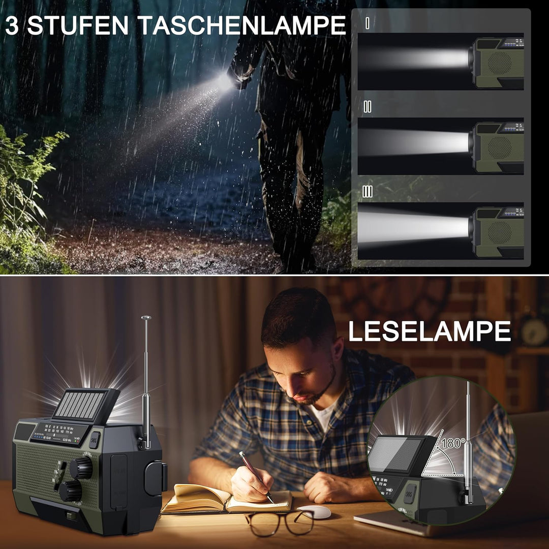 Kurbelradio Notfall Weltempfänger 4000 mAh (14800 mWh) mit 3 integrierten Kabeln Notfallradio mit ku