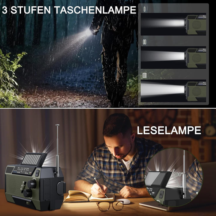 Kurbelradio Notfall Weltempfänger 4000 mAh (14800 mWh) mit 3 integrierten Kabeln Notfallradio mit ku