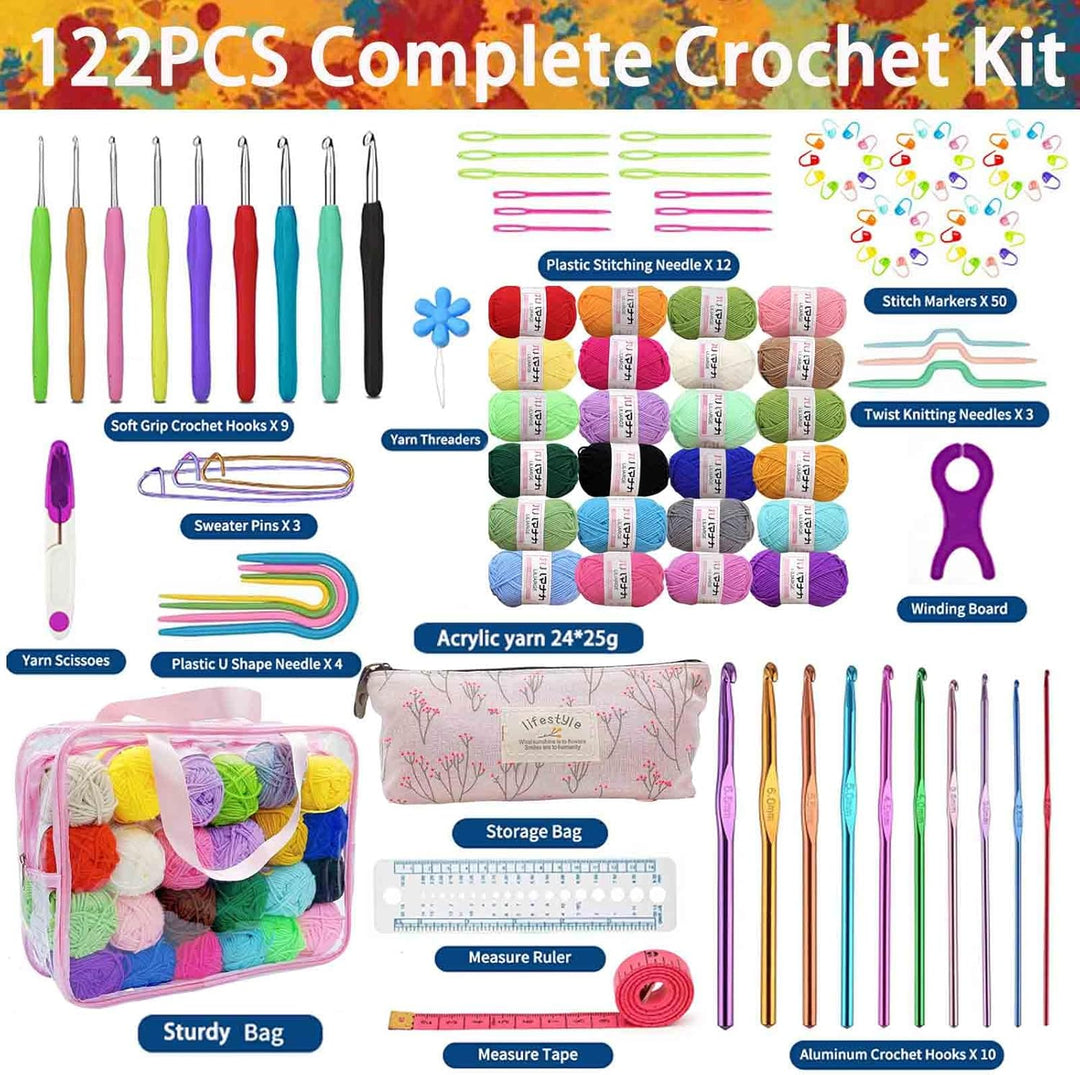 Häkelwolle Set,114pcs Häkelset für Anfänger mit 24*25g Häkelgarn,Ergonomische Häkelnadeln Stricknade