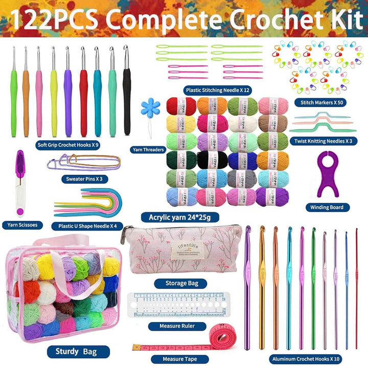 Häkelwolle Set,114pcs Häkelset für Anfänger mit 24*25g Häkelgarn,Ergonomische Häkelnadeln Stricknade
