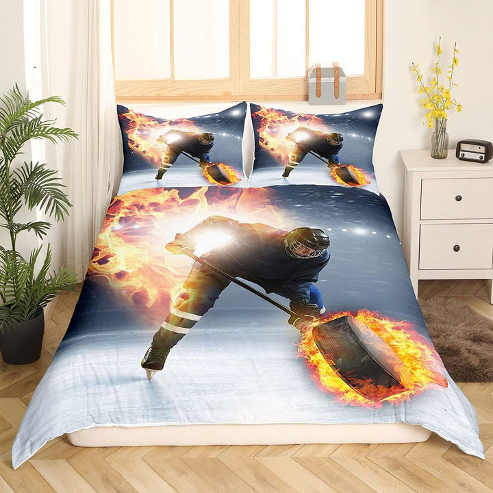 Jungen Eishockey Bettwäsche Set, Teens Puck Sport Fans Bettbezug 155X220, Sportspiele Thema Trösterb