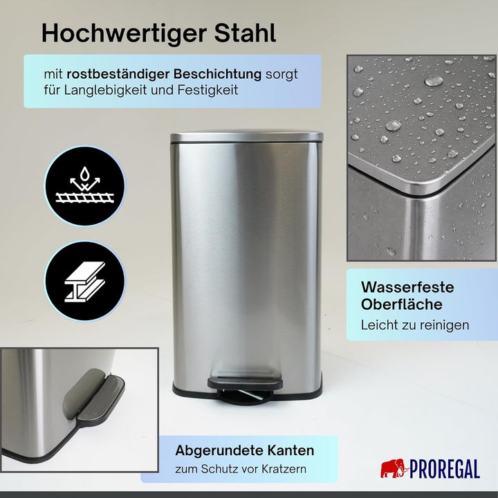 PROREGAL Mülleimer Küche Bad 50L, Abfalleimer mit Softclose & Stay-Open Deckel, Fusspedal & Inneneim