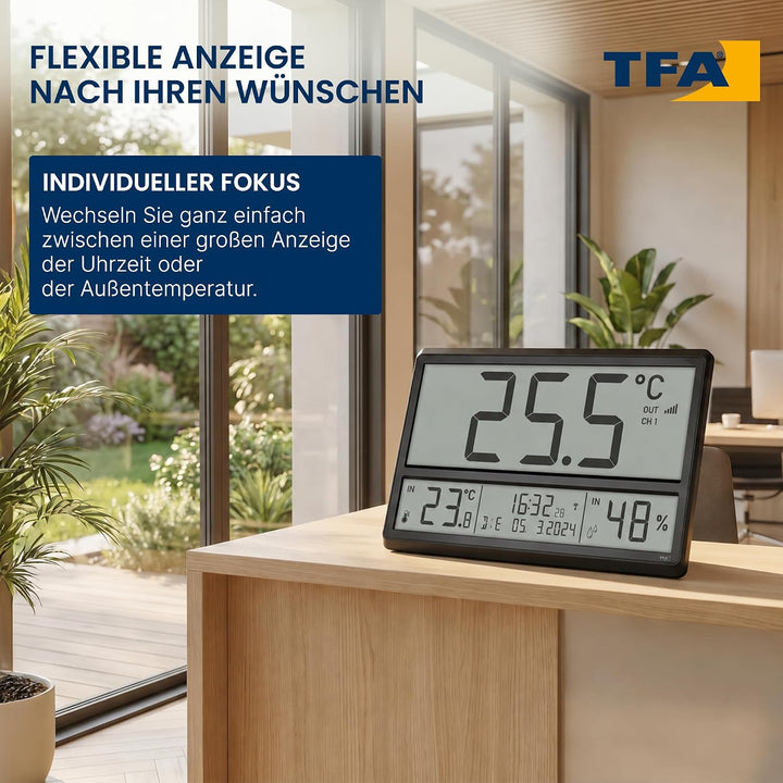 TFA Dostmann Digitale XL Wanduhr, 60.4523.01, mit Aussentemperatur und Raumklima, Funkuhr, 24h Anzei