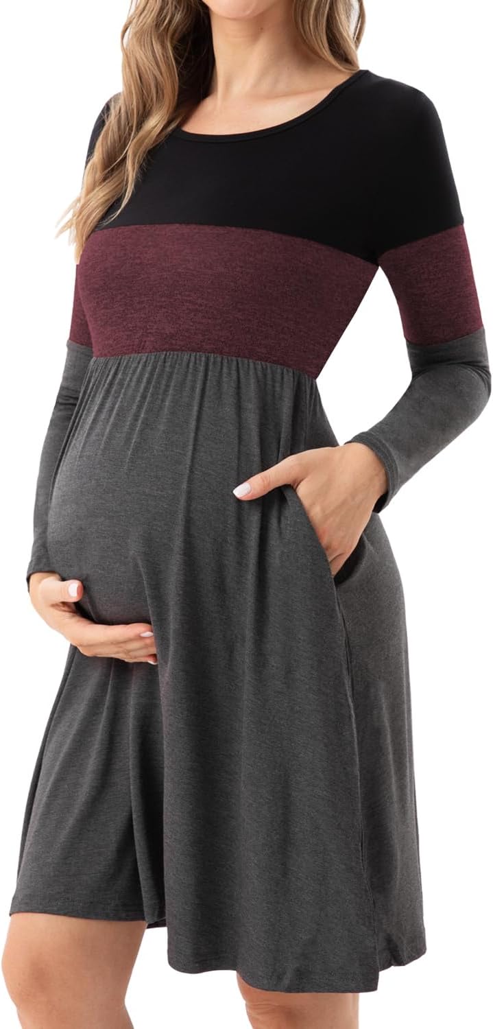Bearsland Women’s Long Sleeve Maternity Dresses Patchwork Pregnancy Dress with Pocket XXL Barn Red,