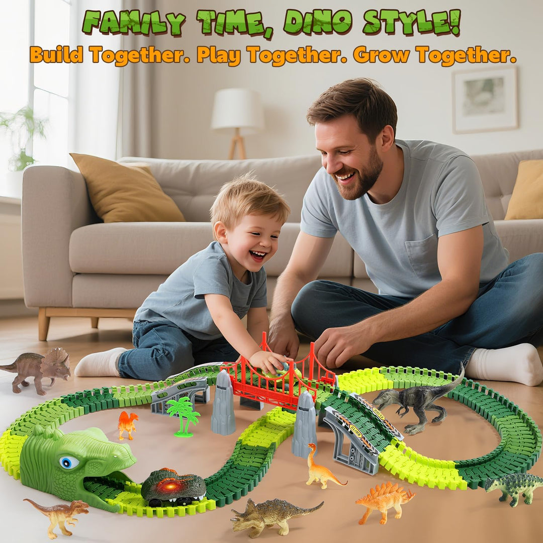 EagleStone Dinosaurier Rennbahn Set – 225 Teile Flexible Rennstrecke, 1 elektrisches Dino Auto mit L
