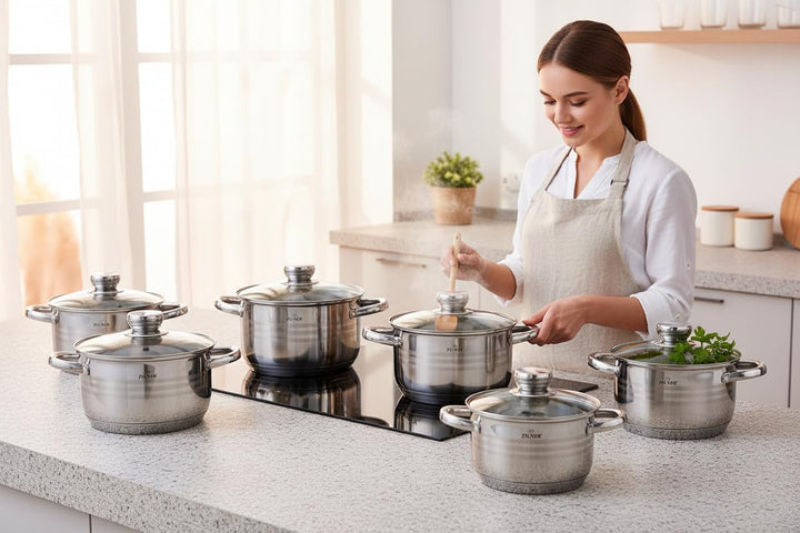 Zilner Topfset - Kochtopf Set 12-teilig - Edelstahl - mit Glasdeckeln - für alle Herdarten - Silber