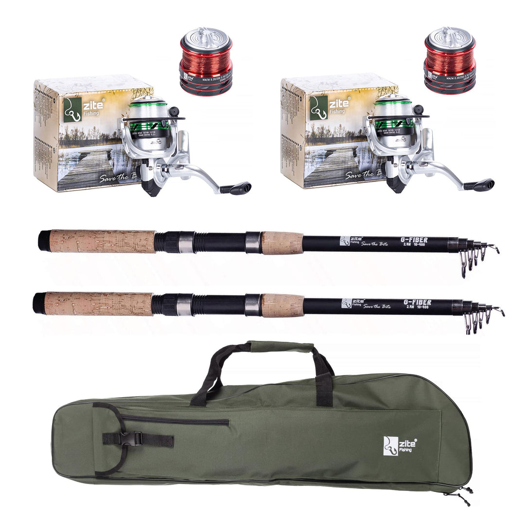 Zite Fishing Angelset Forellen Angeln / 2 Teleskopruten 2,40m / 2 Angelrollen mit Schnur Bespult + A