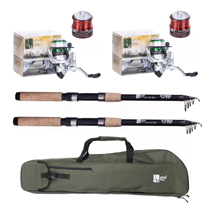 Zite Fishing Angelset Forellen Angeln / 2 Teleskopruten 2,40m / 2 Angelrollen mit Schnur Bespult + A