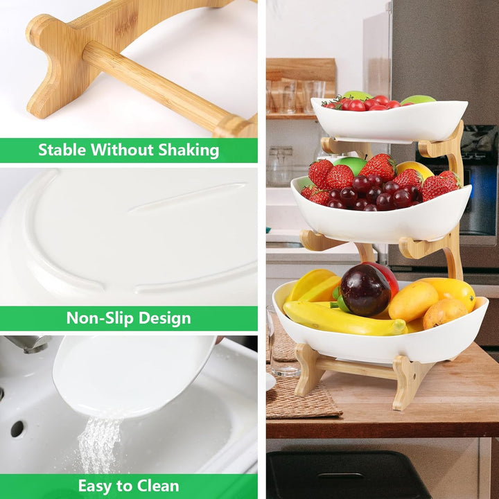 Dreamhigh® Keramik Obst Etagere mit 3 Etagen, Platzsparendes Obstkorb Etagere für die Familie, Stabi