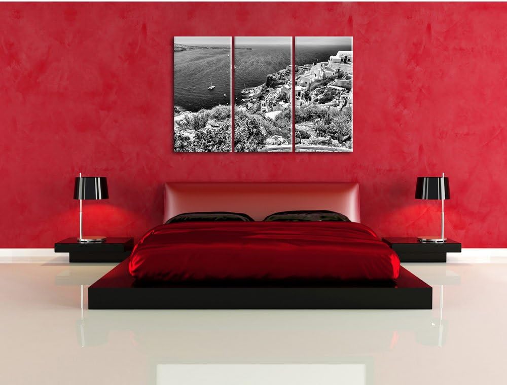 Pixxprint Monocrome, Griechische Küste 3-Teiler Leinwandbild 120x80 Bild auf Leinwand