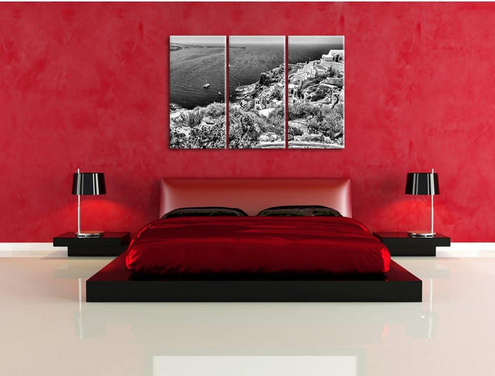Pixxprint Monocrome, Griechische Küste 3-Teiler Leinwandbild 120x80 Bild auf Leinwand