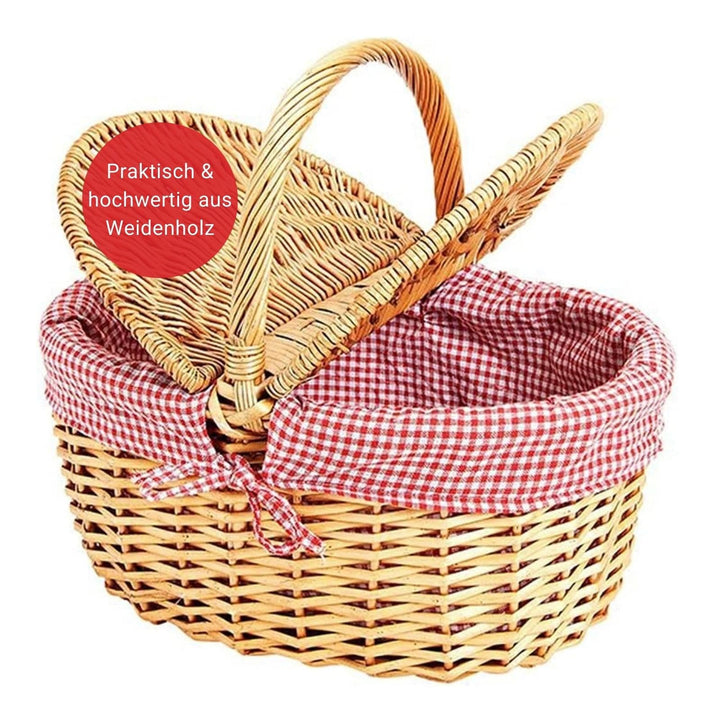 WOMA Weidenkorb mit rot weiss kariertem Innenfutter I Geflochtener Natur Korb mit Deckel & Henkel I