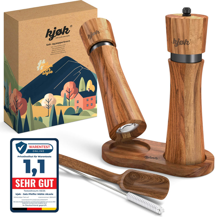 kjøk Premium Salz und Pfeffer Mühle massives Akazienholz mit Untersetzer, Reinigungsbürste und Einfü
