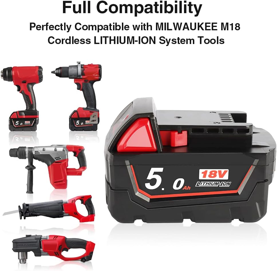 2X Powarobor M18B5 18V 5,0Ah Ersatzakku für Milwaukee M18 18Volt Akku 48-11-1860