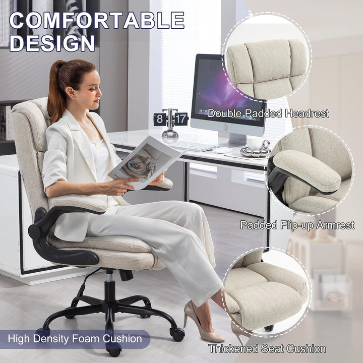 Bürostuhl Ergonomischer Computerstuhl 150KG Belastbarkeit Chefsessel Stoff Flip-up Armlehnen/110° Wi