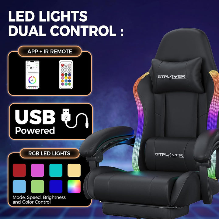 GTPLAYER Gaming Stuhl, Bürostuhl, Gaming Chair mit LED Lichtleiste und Massgefunktion, Gamer Stuhl,