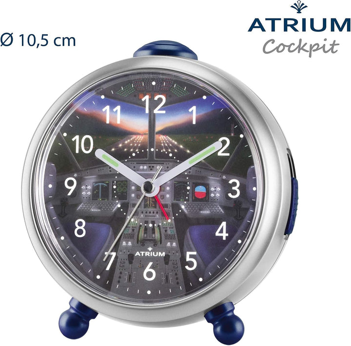 Atrium Kinderwecker Cockpit Jungen Flugzeug ohne Ticken Snooze Licht analog Quarz silberfarben A932-