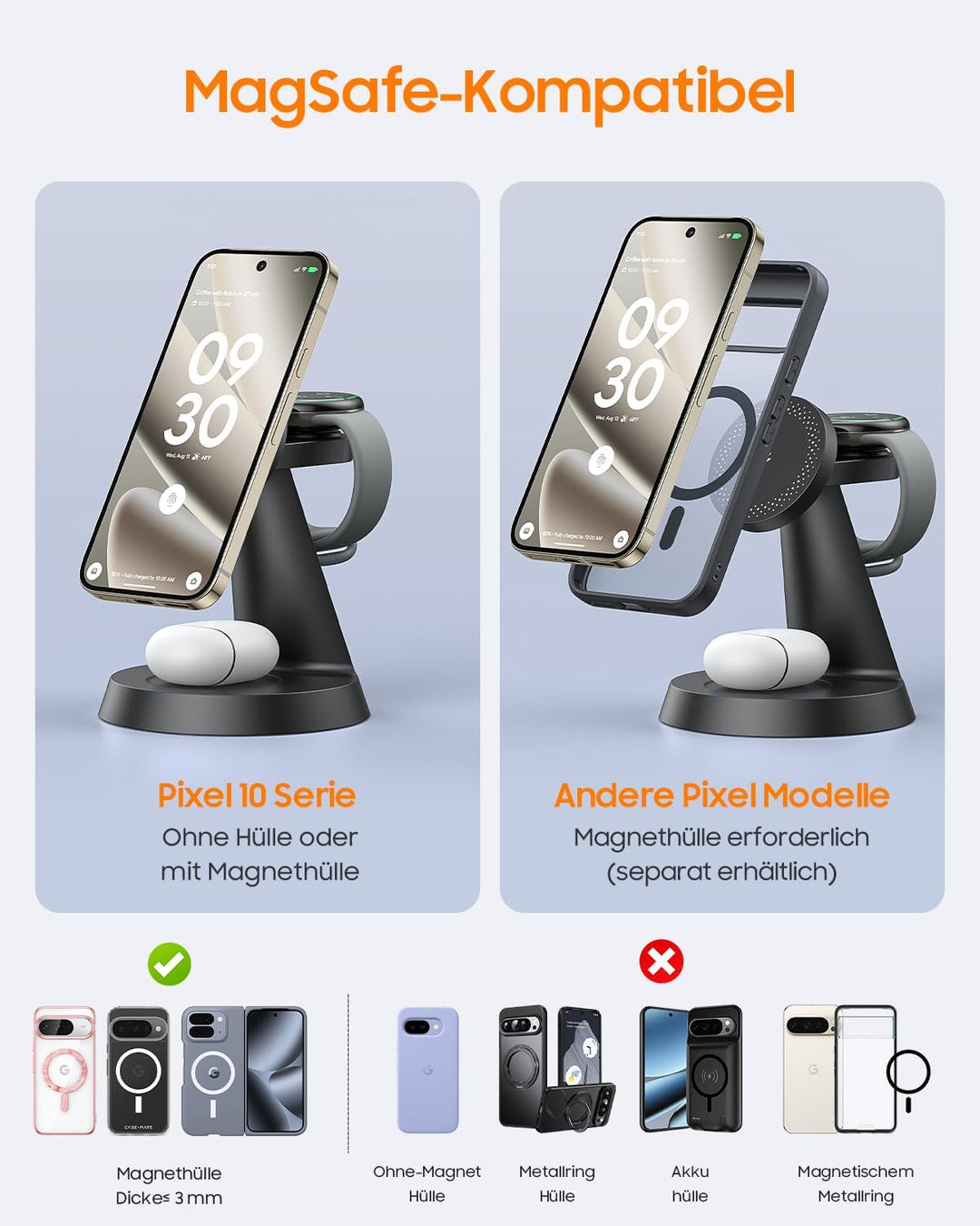 Meifigno 25W 3 in 1 Induktive Ladestation für Google Pixel Watch 3 &amp; 2 Only for Pixel Watch 3/2 Schw