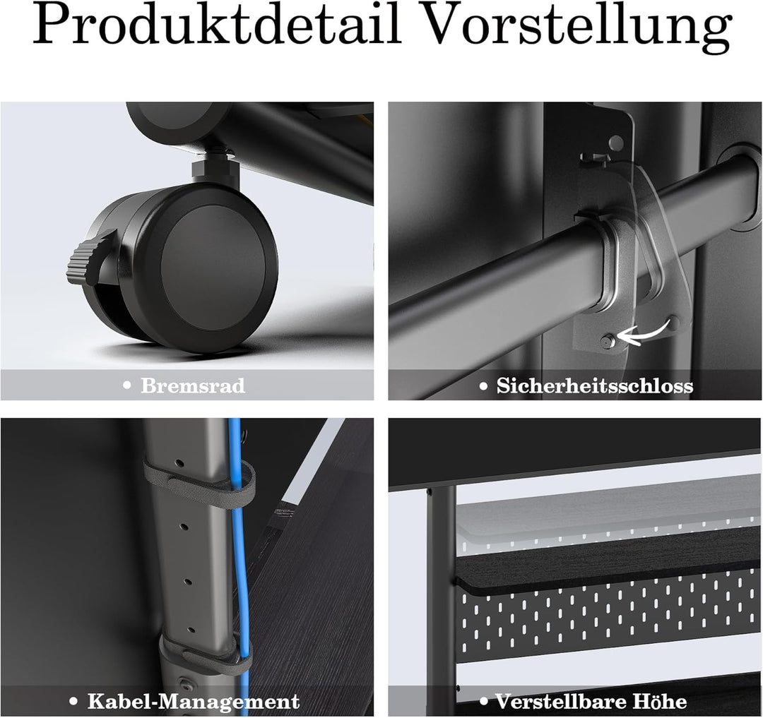 FITUEYES TV Ständer Rollbar Höhenverstellbar, Fernsehständer mit Rollen Schublade Ablage Lochwand, T