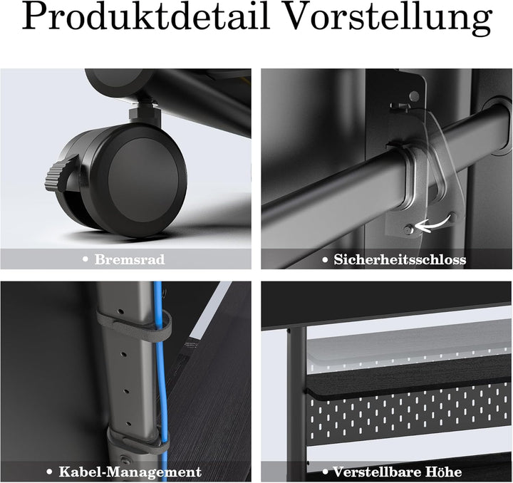 FITUEYES TV Ständer Rollbar Höhenverstellbar, Fernsehständer mit Rollen Schublade Ablage Lochwand, T