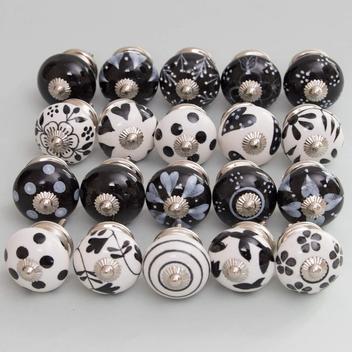 Knober 20 X Stück Möbelknöpfe Keramik schwarz weiss handbemalt Shabby-Chic Vintage, Schwarz