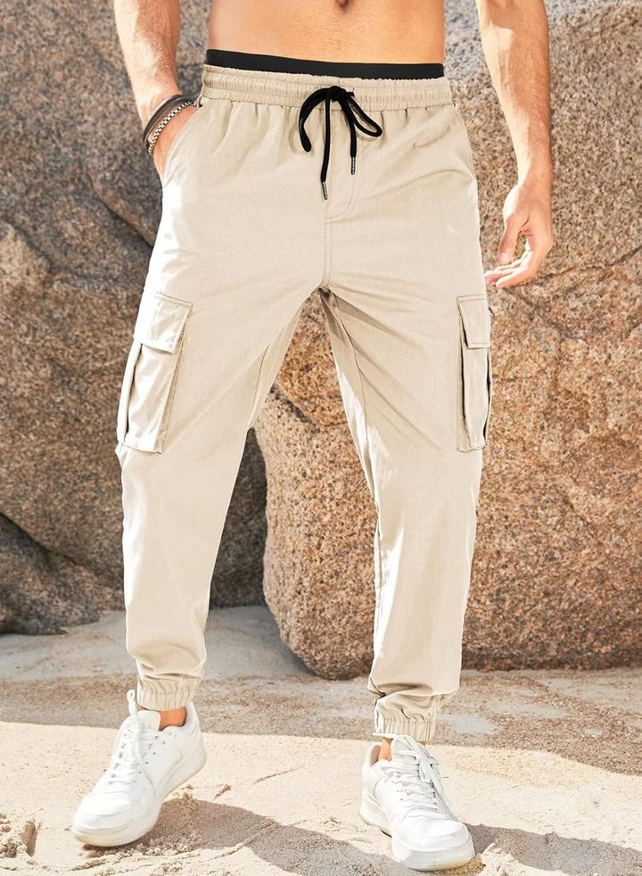 Jogginghose Herren Cargohose Einfarbige Hose Männer Causal Sporthose Elastische Freizeithose mit 6 T