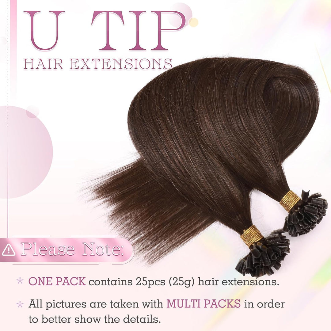 Elailite Echthaar Extensions Bondings Schokobraun 25 Strähnen 25g Haarverlängerung Glatt U Tip Kerat