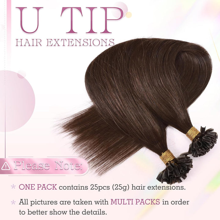 Elailite Echthaar Extensions Bondings Schokobraun 25 Strähnen 25g Haarverlängerung Glatt U Tip Kerat
