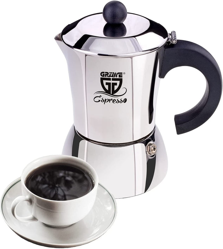 GRÄWE Espressokocher Induktion geeignet, Espressokanne aus Edelstahl für 6 Tassen, Klassischer Espre