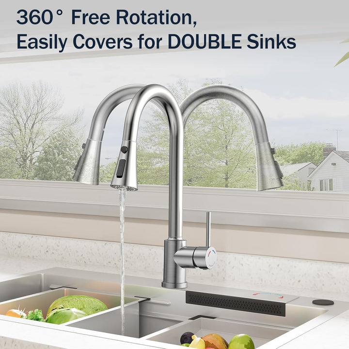 Küchenarmatur mit Ausziehbrause, 3 Strahlarten Wasserhahn Küche 360° Schwenkbar, Edelstahl SUS304 Sp