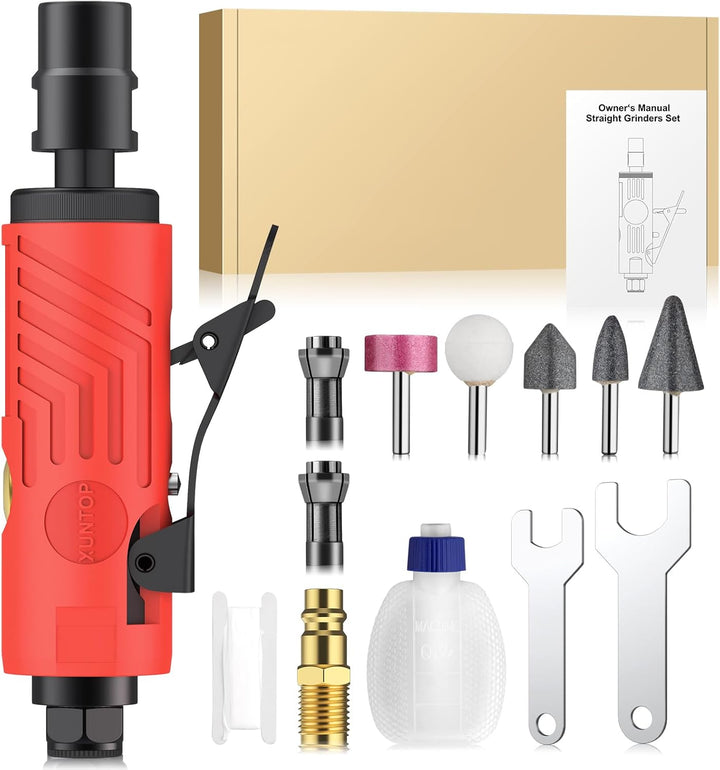 XUNTOP Pneumatischer Geradschleifer Druckluft Stabschleifer Set 25000 U/min mit leerer Ölflasche und