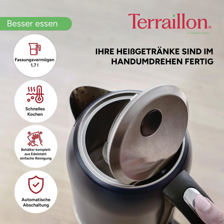 TERRAILLON New Moon Elektrischer Wasserkocher, 1,7 l, 2200 W, 360° drehbarer Sockel, automatische Ab