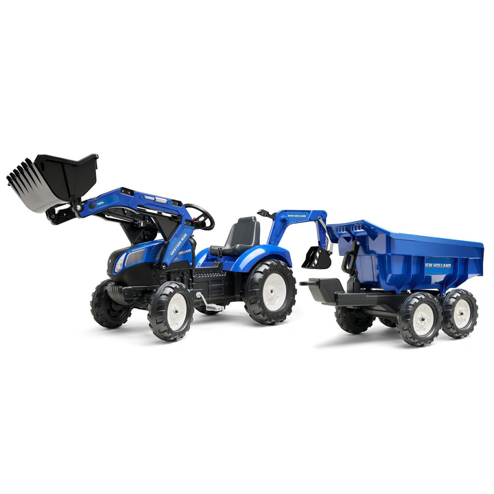 Falk New Holland T8 Tractor + Aanhanger + Lader + Graafarm Frontlader, Heckbagger, Kippbarem Anhänge