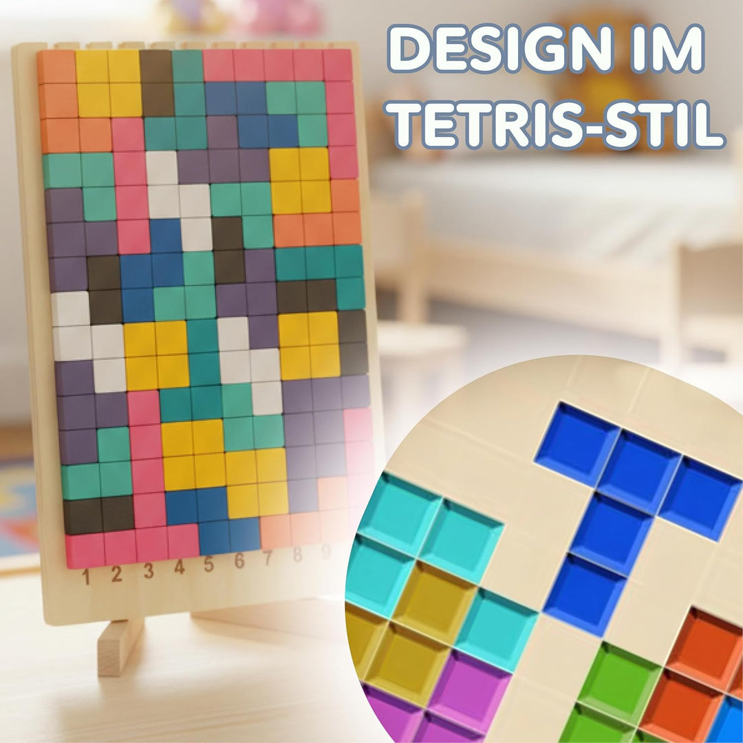 Montessori Holzpuzzle Tetris-Stil – 42 Teile Gehirntraining Blöcke mit nummeriertem Brett (1-10) & 1